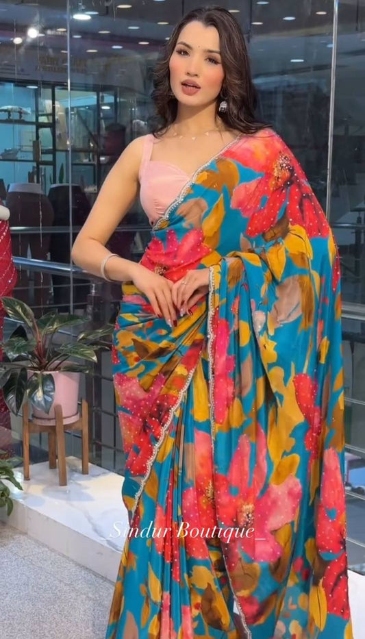 Flower Printed Party Wear Soft Crystal Saree