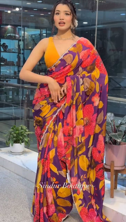 Flower Printed Party Wear Soft Crystal Saree