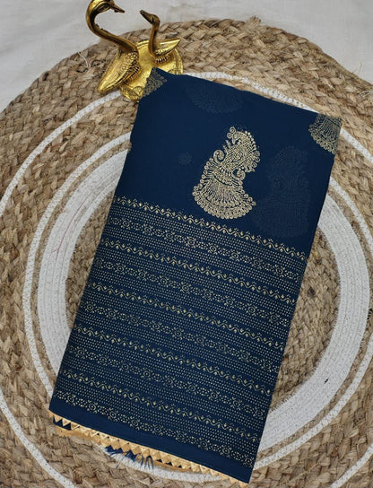 Teal Blue Foil Worked Georgette Saree