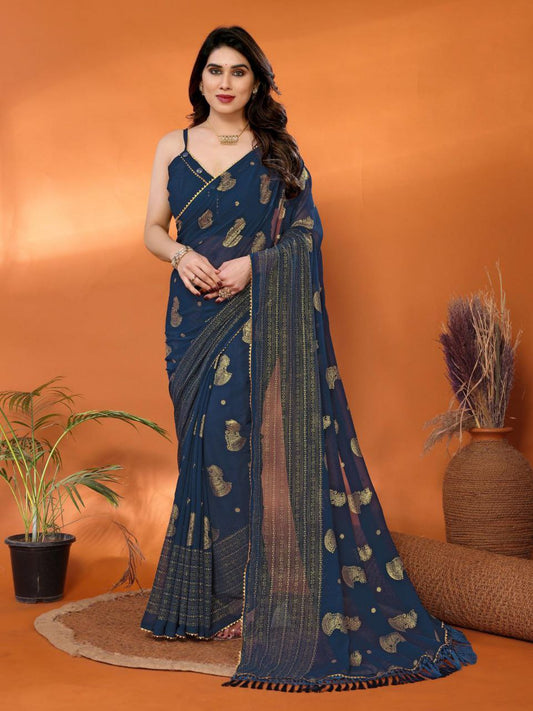 Teal Blue Foil Worked Georgette Saree