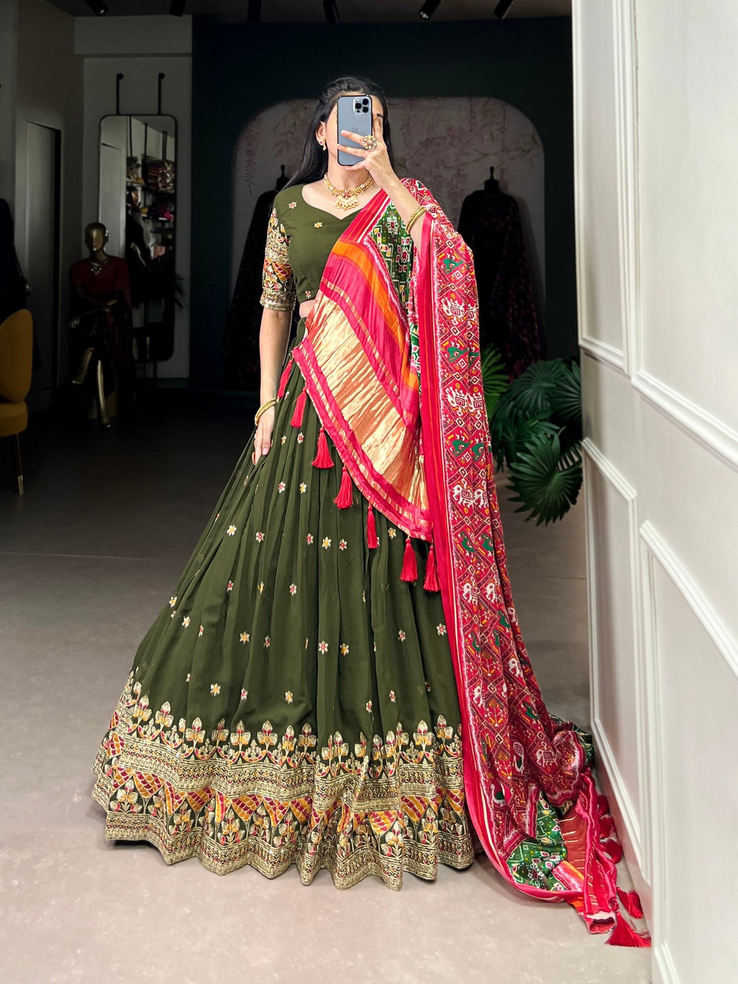 Forest Green Georgette Lehenga With Gajji SIlk Dupatta