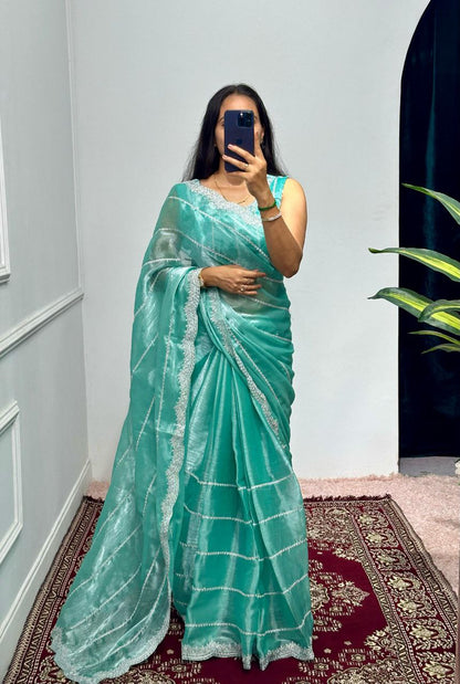 Fountain Blue Designer Burberry Silk Saree