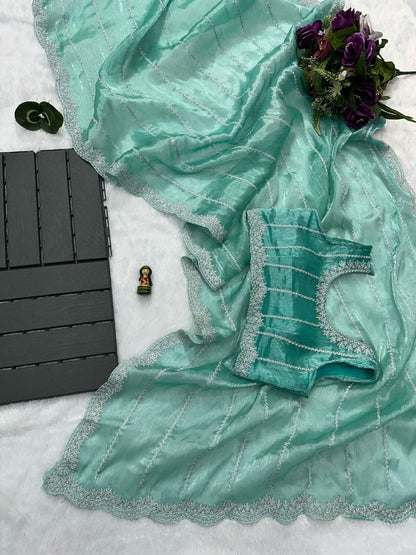 Fountain Blue Designer Burberry Silk Saree