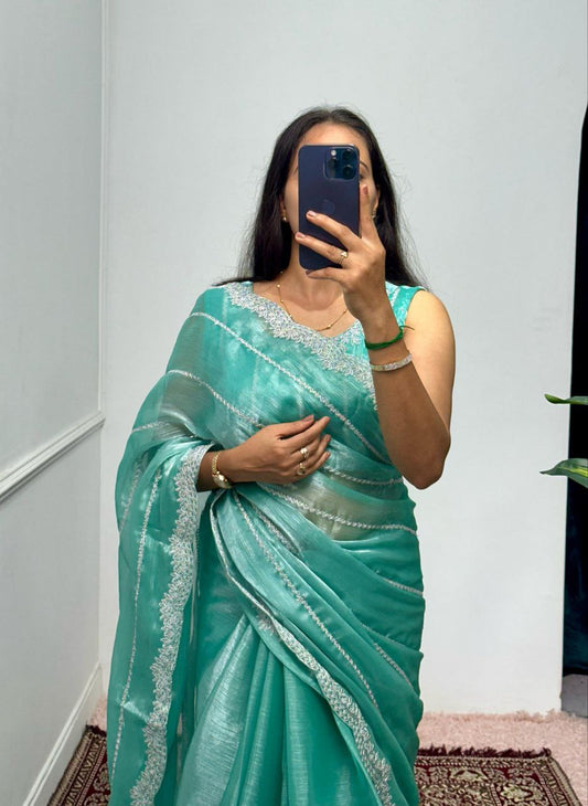 Fountain Blue Designer Burberry Silk Saree