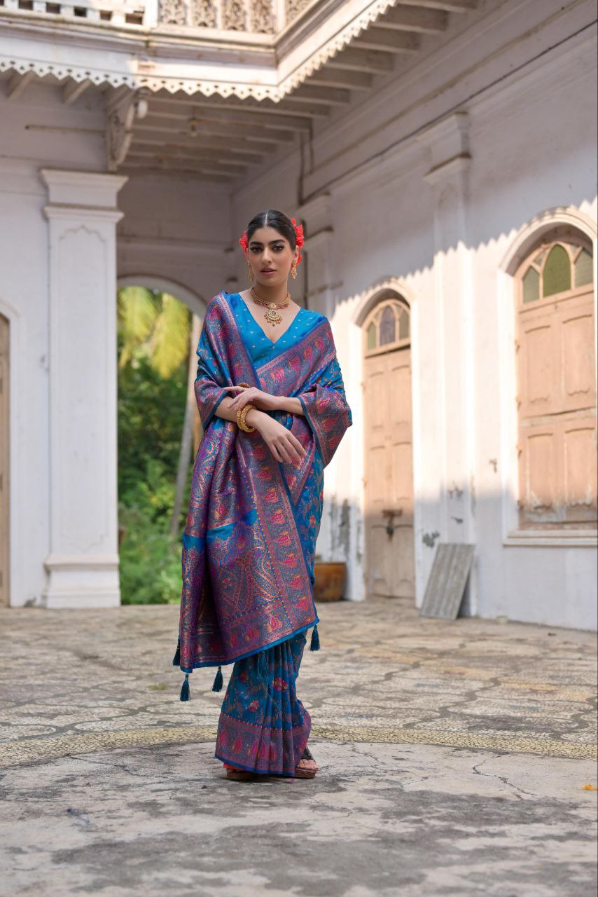 French Blue Wedding Wear Pashmina Silk Saree