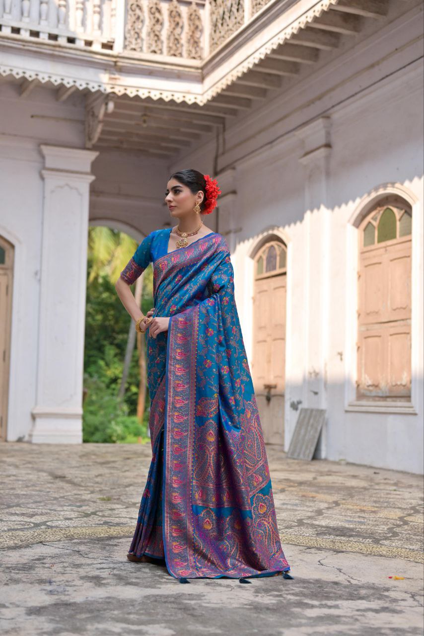 French Blue Wedding Wear Pashmina Silk Saree