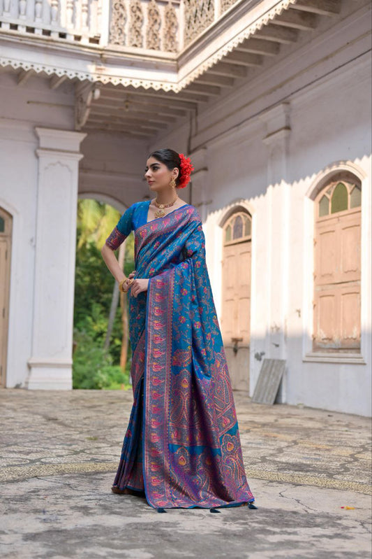 French Blue Wedding Wear Pashmina Silk Saree