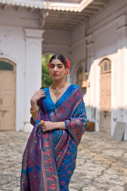 French Blue Wedding Wear Pashmina Silk Saree