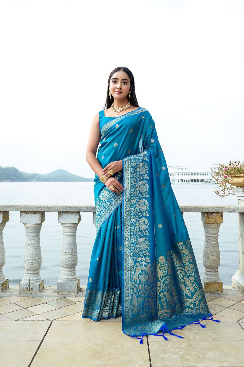 French Blue Wedding Wear Soft Silk Saree
