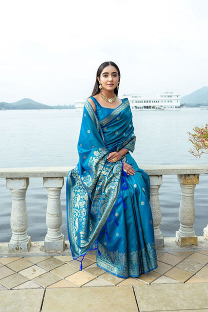 French Blue Wedding Wear Soft Silk Saree