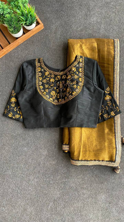 Golden Black Glass Tissue Silk Saree