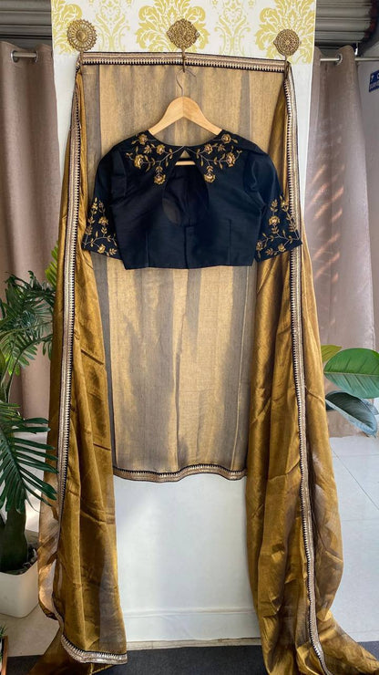 Golden Black Glass Tissue Silk Saree