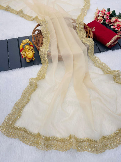 Golden Designer Nylon Organza Saree