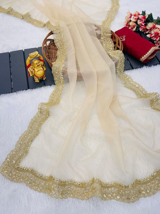 Golden Designer Nylon Organza Saree