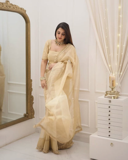 Golden Gold Crush Silk Saree | Clone Design