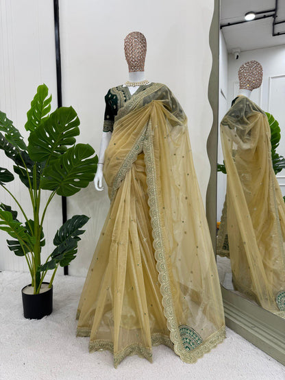 Golden Party Wear Net Saree
