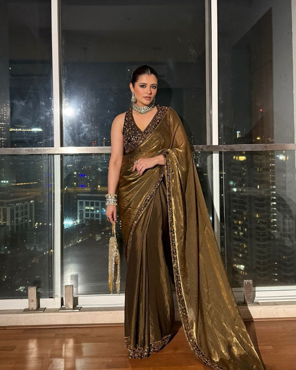 Golden Party Wear Space Silk Saree | Clone Design
