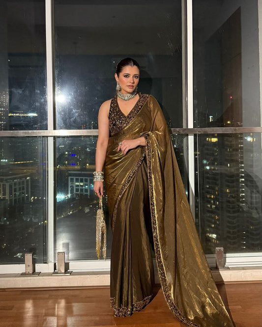 Golden Party Wear Space Silk Saree | Clone Design