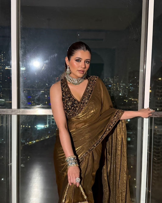 Golden Party Wear Space Silk Saree | Clone Design