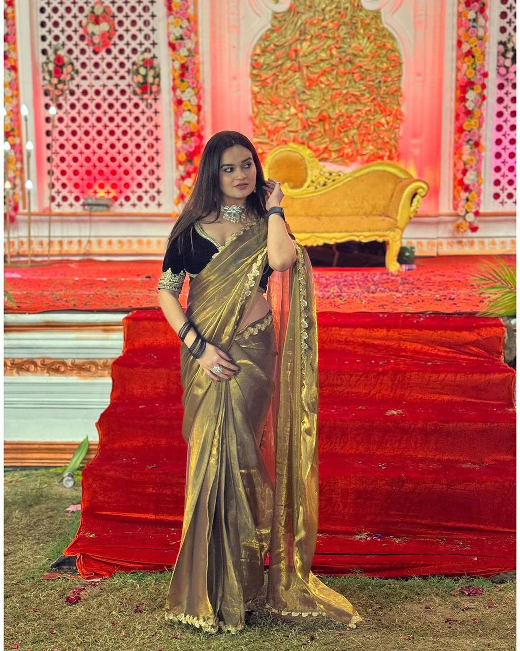 Golden Shining Tissue Silk Saree