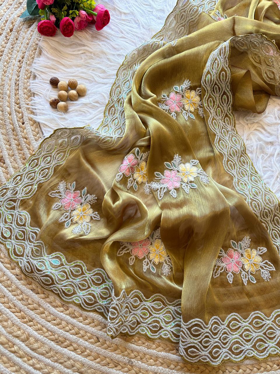 Golden Stylish Jimmy Choo Chiffon Saree