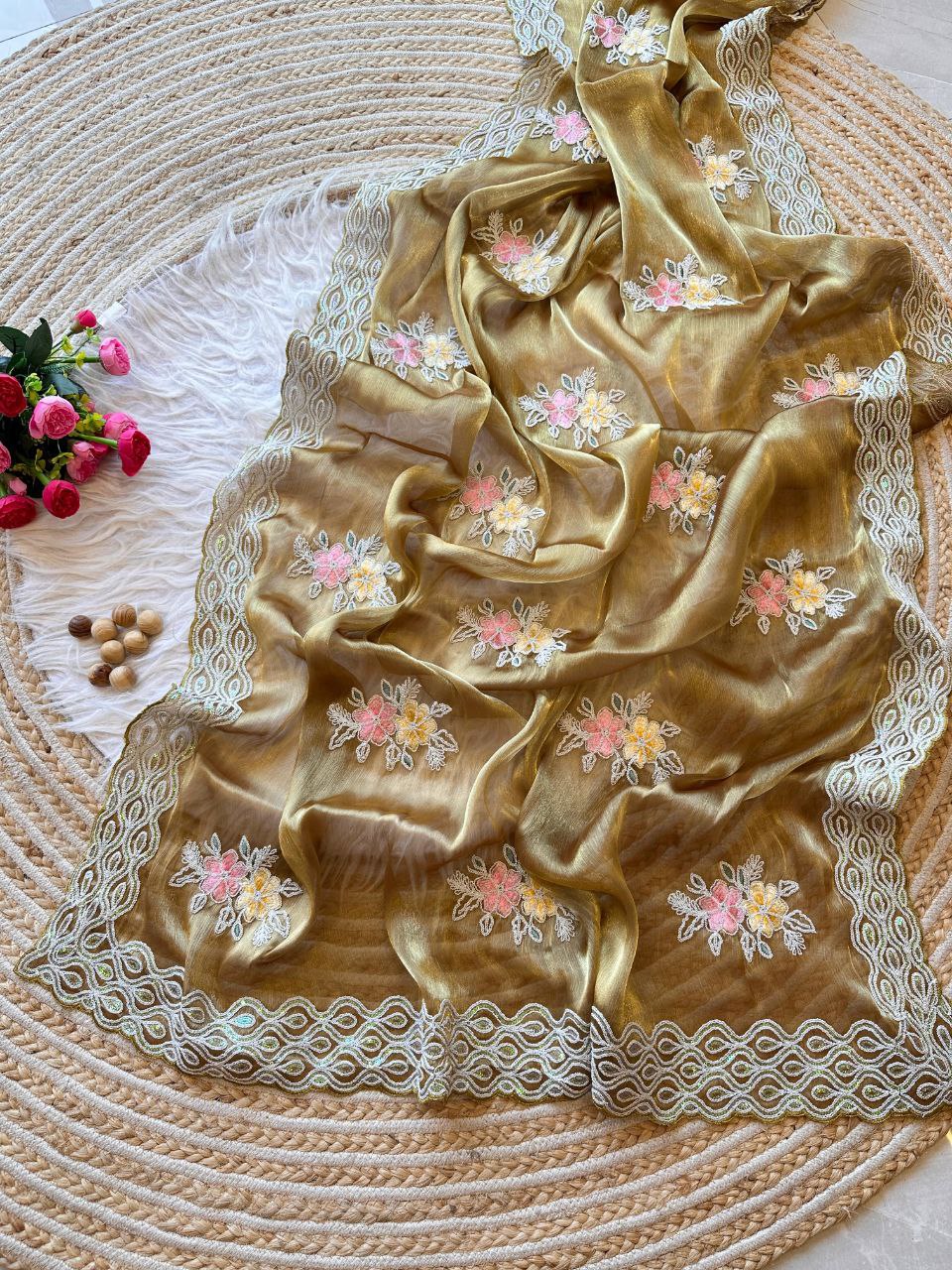 Golden Stylish Jimmy Choo Chiffon Saree