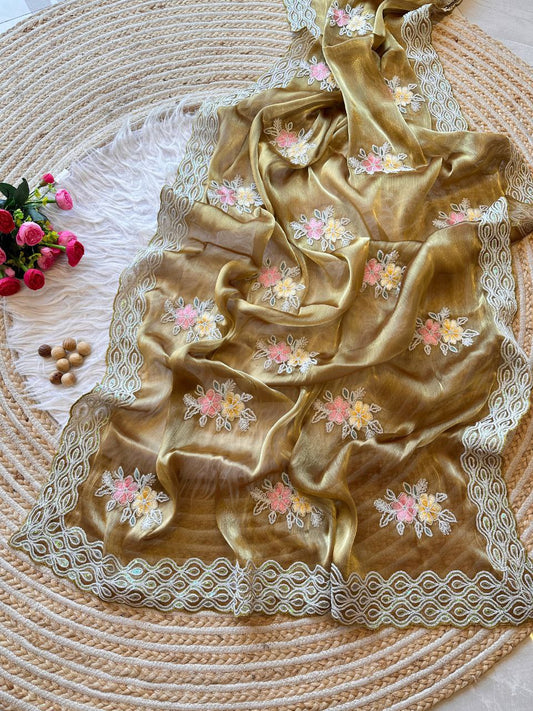 Golden Stylish Jimmy Choo Chiffon Saree