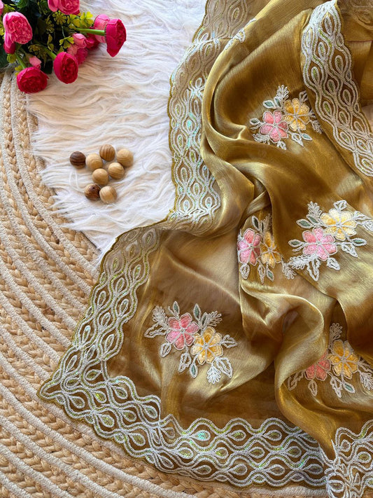 Golden Stylish Jimmy Choo Chiffon Saree