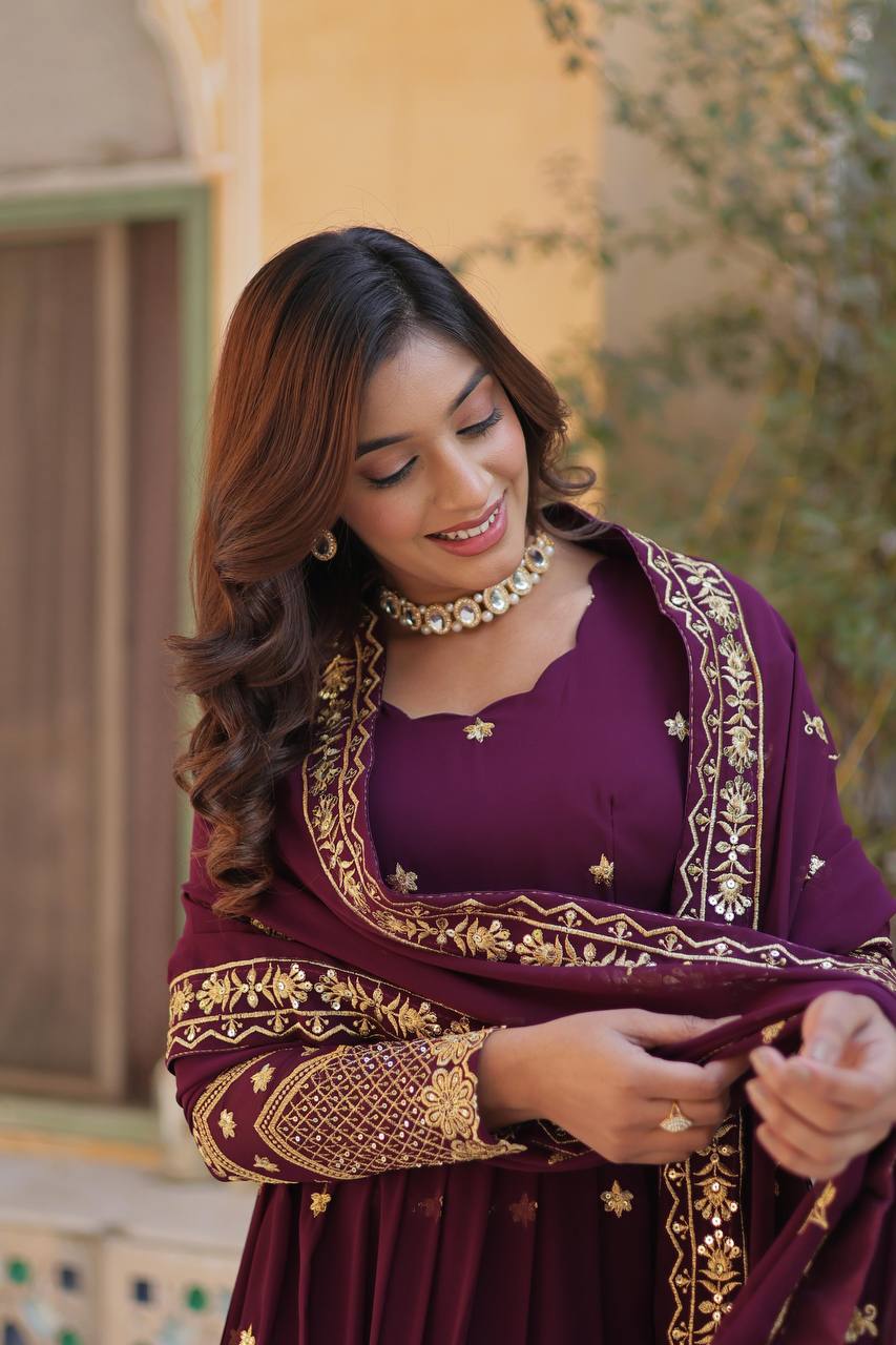 Grape Purple Traditional Indian Gown Dress With Dupatta