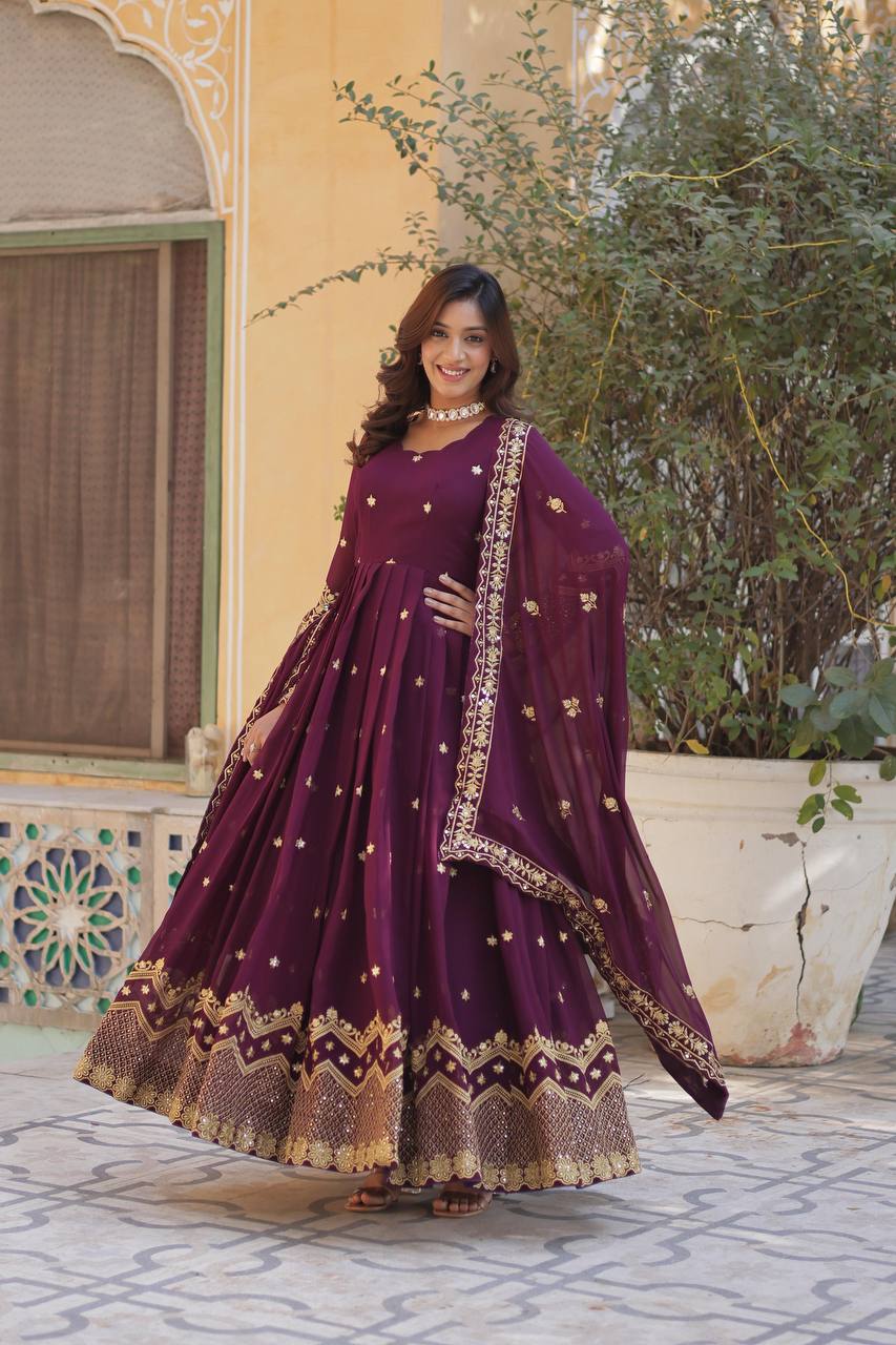 Grape Purple Traditional Indian Gown Dress With Dupatta