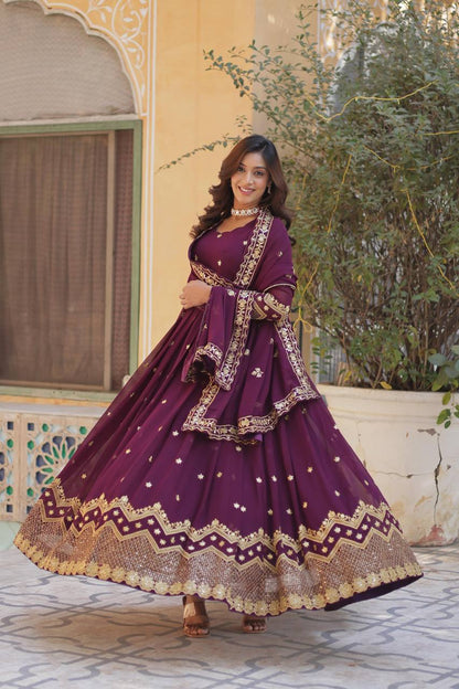 Grape Purple Traditional Indian Gown Dress With Dupatta