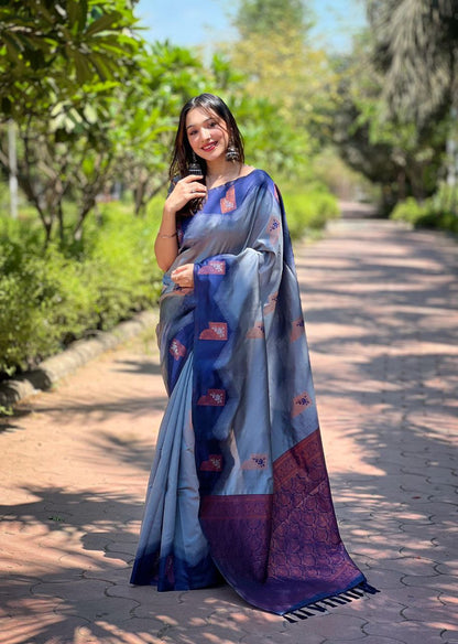 Gray & Blue Kanjivaram Pattu Zari Silk Saree