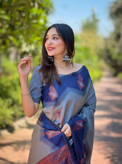 Gray & Blue Kanjivaram Pattu Zari Silk Saree