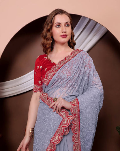 Gray Chikankari Work Georgette Saree