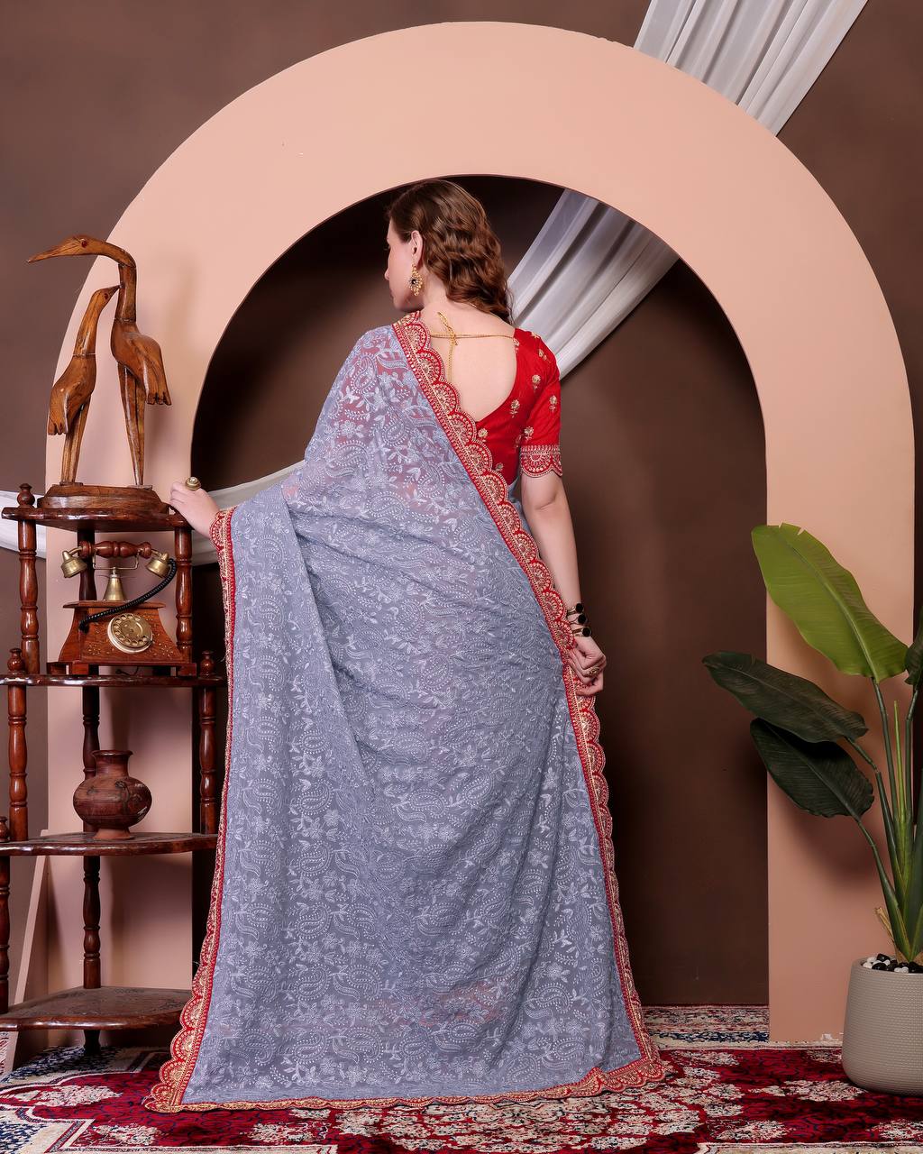 Gray Chikankari Work Georgette Saree