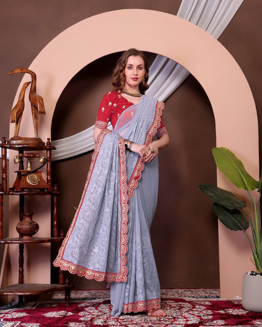 Gray Chikankari Work Georgette Saree