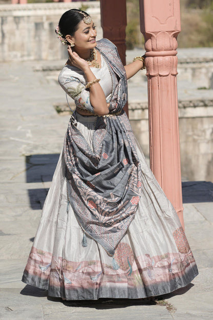 Gray Manipuri Silk Lehenga Choli