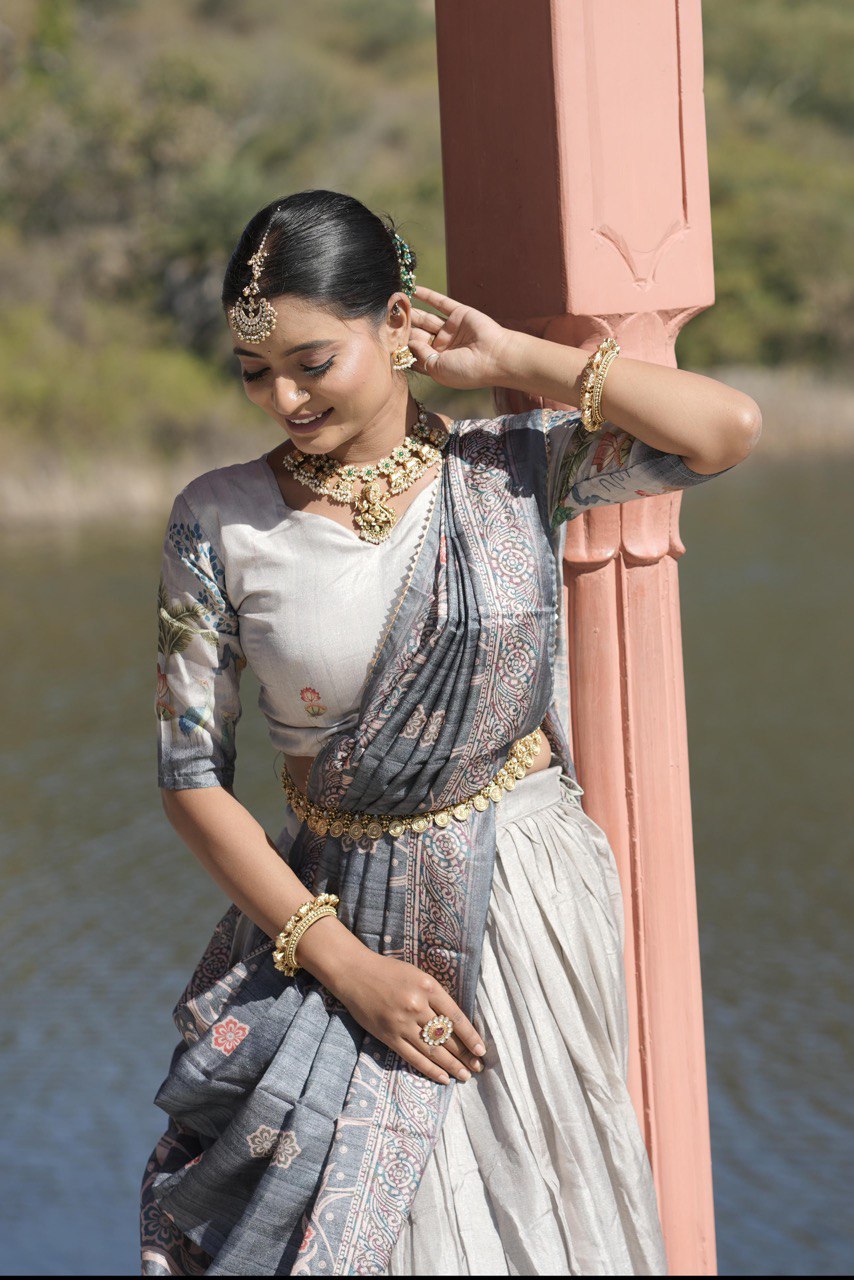 Gray Manipuri Silk Lehenga Choli