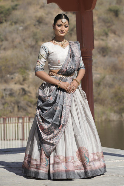 Gray Manipuri Silk Lehenga Choli