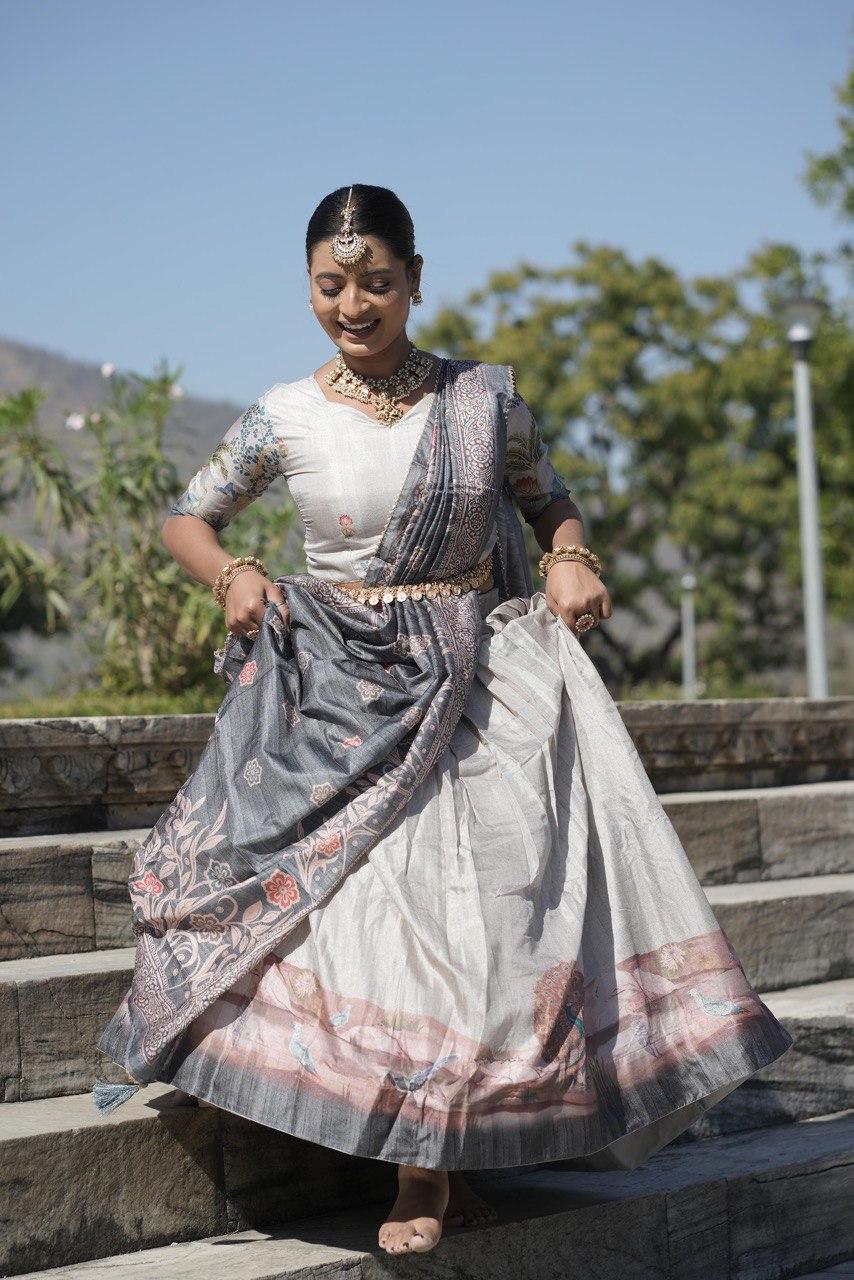 Gray Manipuri Silk Lehenga Choli
