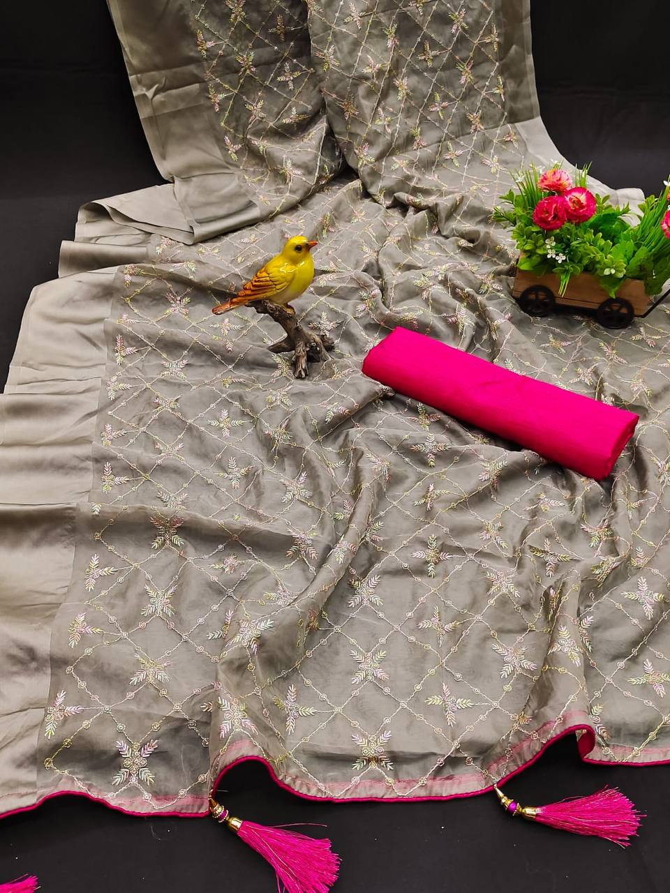 Gray Party Wear Satin Georgette Saree