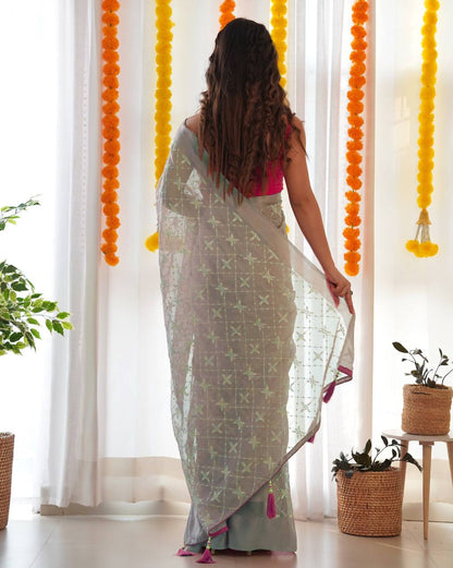 Gray Party Wear Satin Georgette Saree