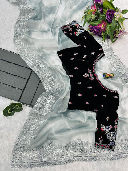 Gray Shibori Printed Burberry Silk Saree