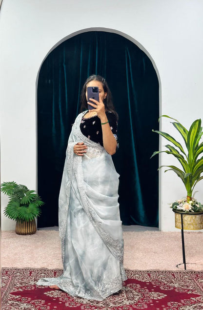 Gray Shibori Printed Burberry Silk Saree