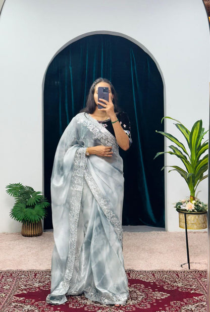 Gray Shibori Printed Burberry Silk Saree