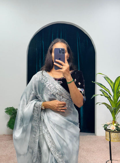 Gray Shibori Printed Burberry Silk Saree