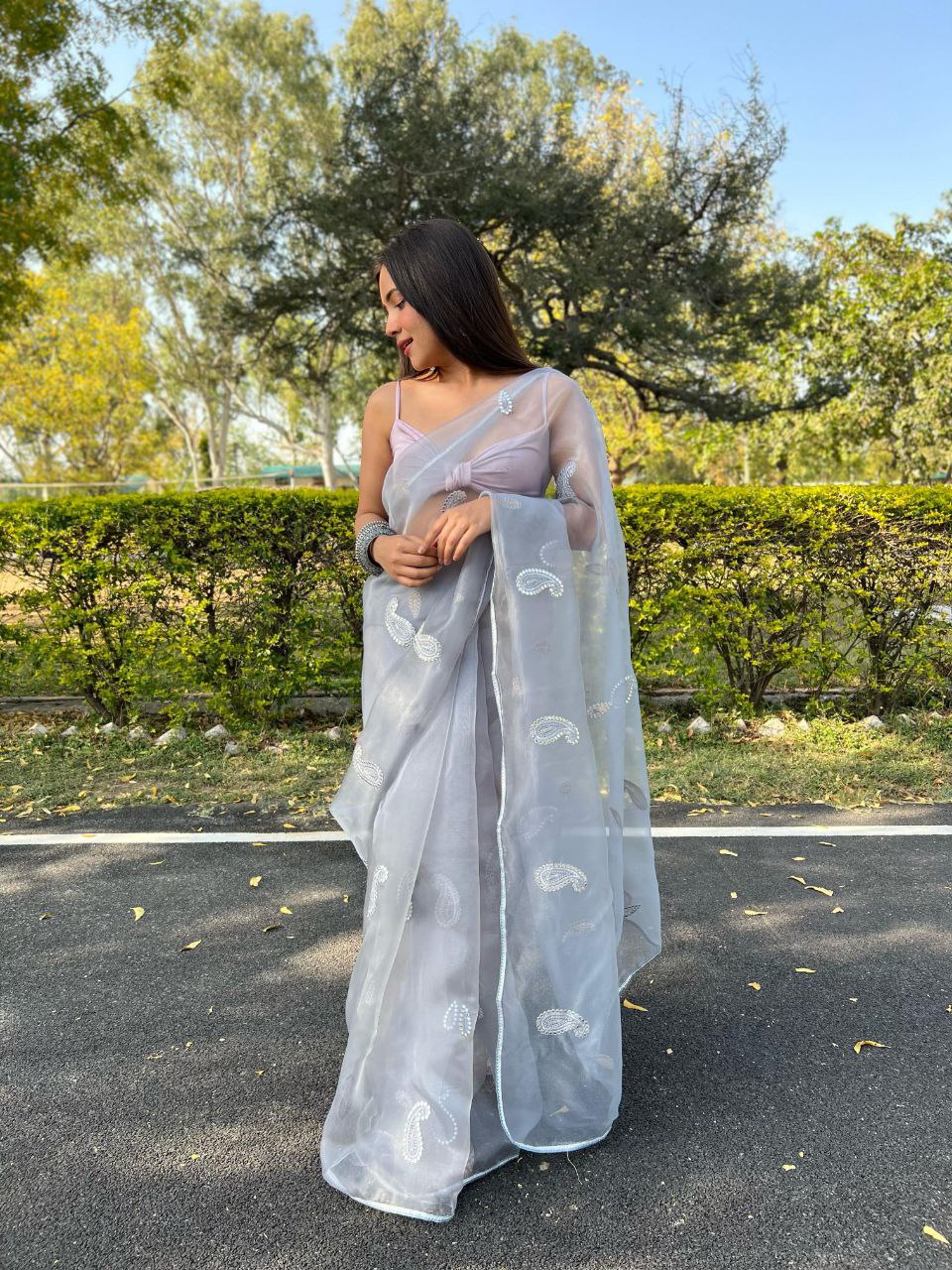 Gray Stylish Party Wear Organza Silk Saree