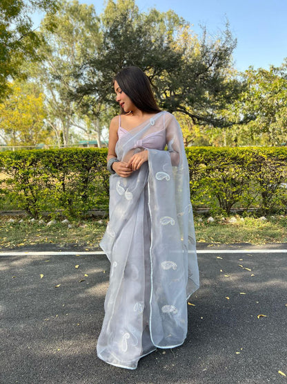 Gray Stylish Party Wear Organza Silk Saree