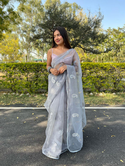 Gray Stylish Party Wear Organza Silk Saree