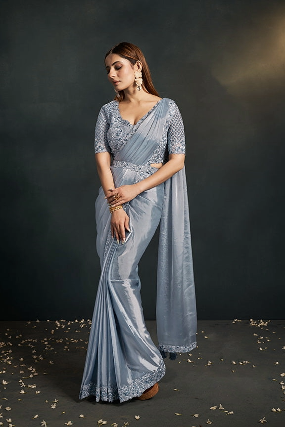 Gray Stylish Pre-Stitched Saree With Belt | Original Saree